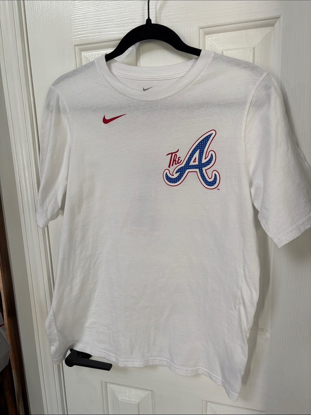 Nike White Tee with Red Swoosh and Blue-Red 'A' Logo Atlanta Braves Albies